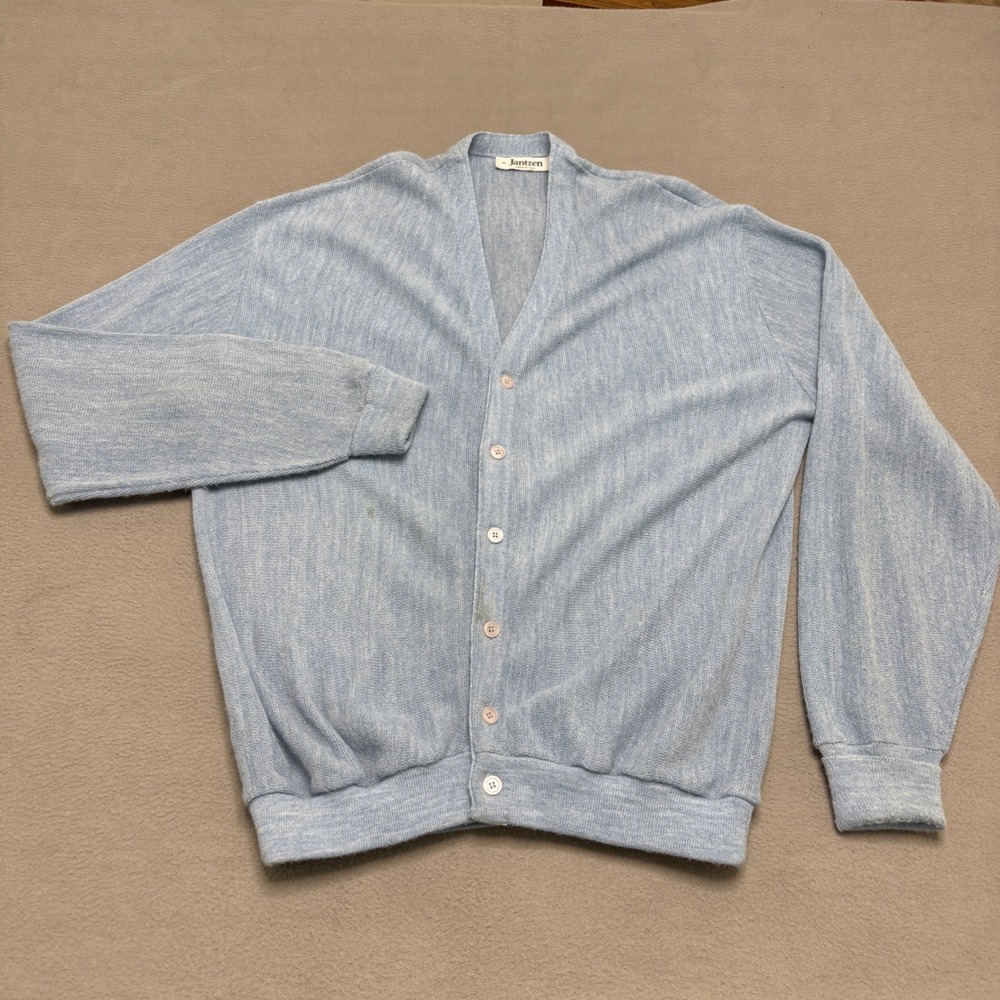 Jantzen Cardigan Sweater‎ Mens XL Blue Vintage Made in USA Knit V Neck Grandpa